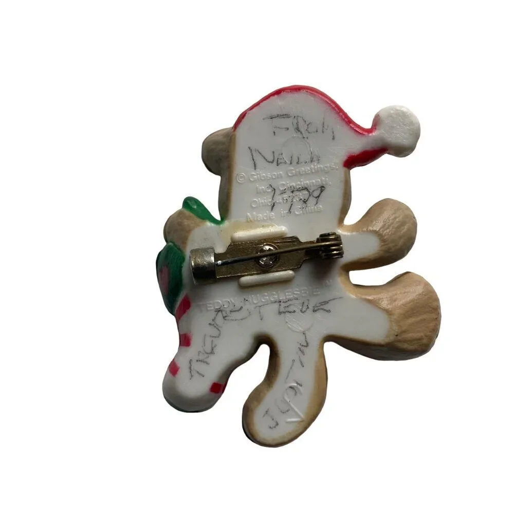 Vintage Teddy Bear Christmas Brooch Pins Lot of 2 Ice Skating Gibson Greetings